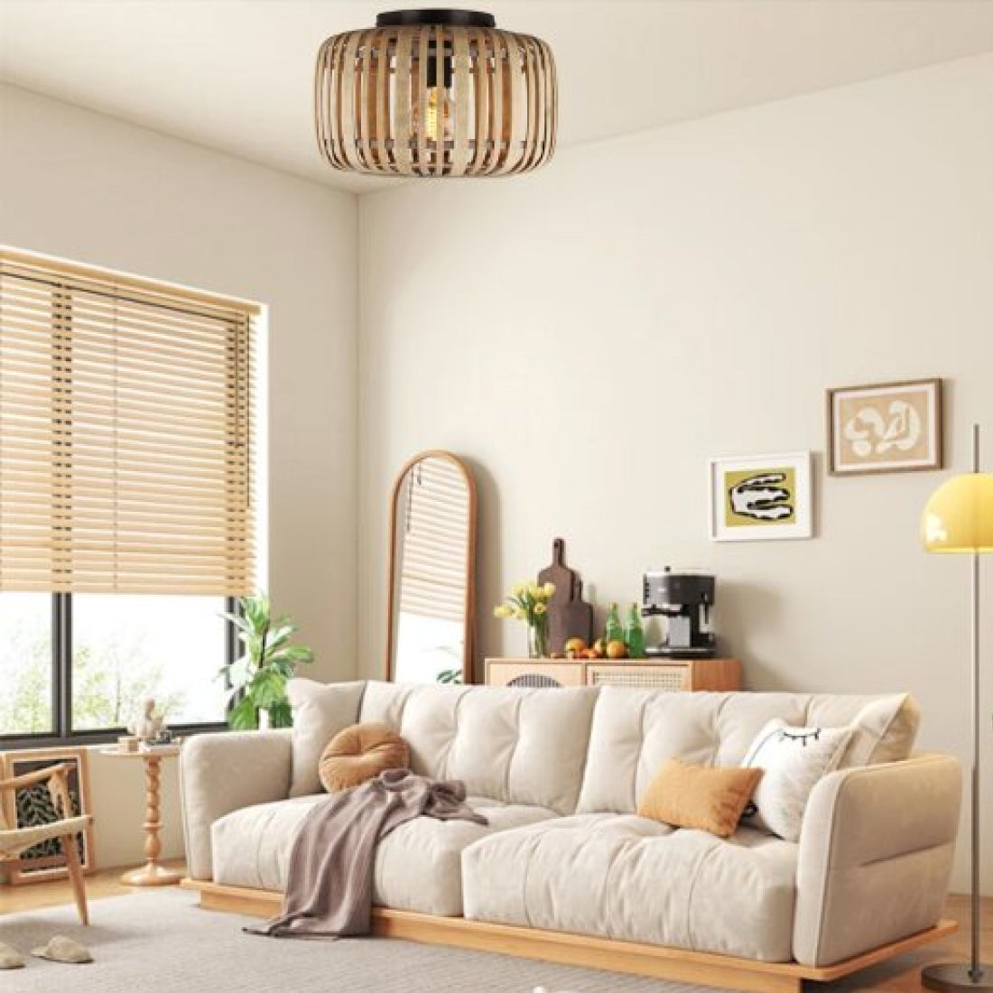 Vintage plafondlamp van natuurlijk materiaal in bruin rattan.