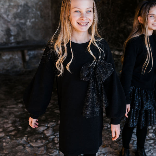 DRESS WITH PUFF SLEEVE AND GLITTER TULLE BOW DETAIL