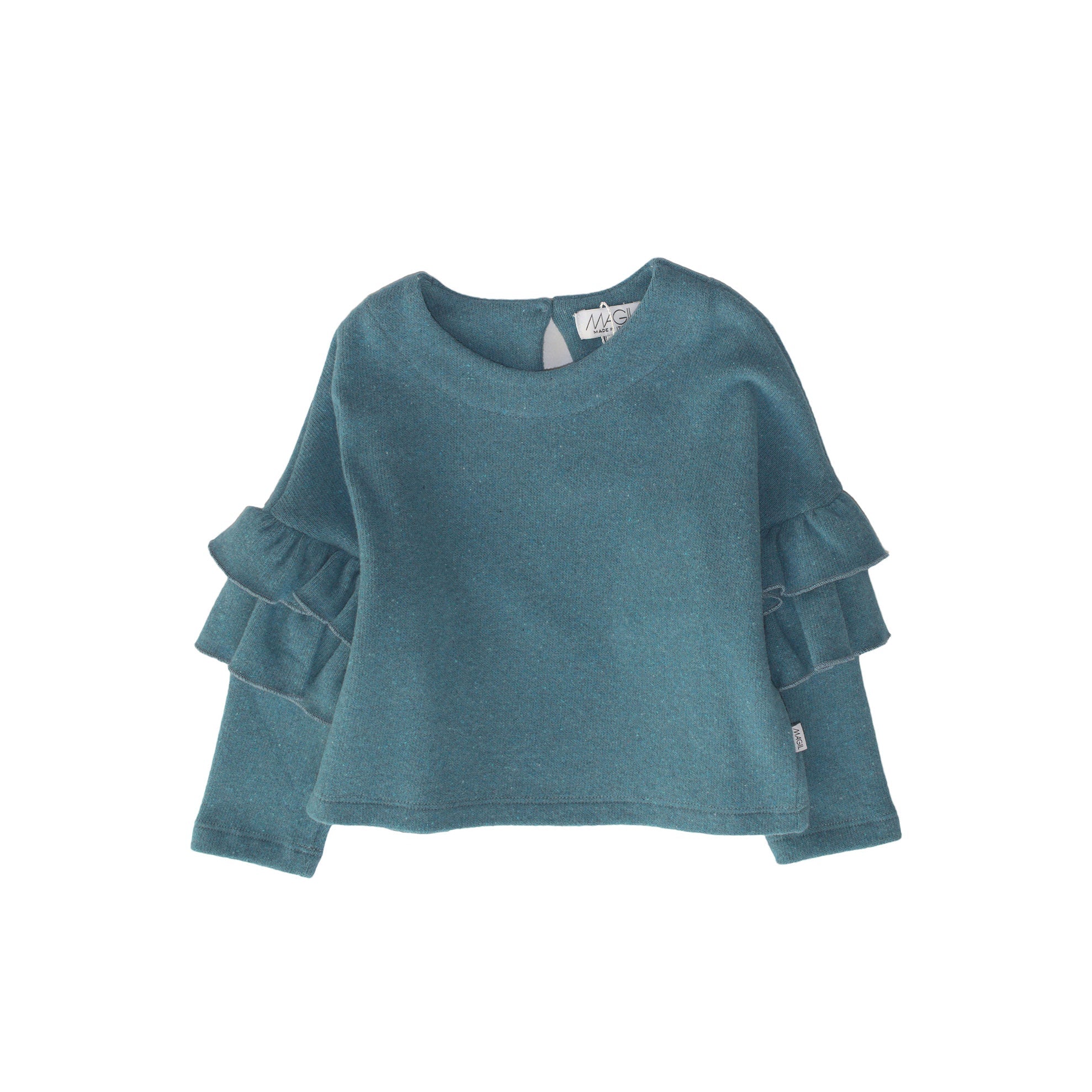 PETROL BLUE SWEATER WITH RUFFLES