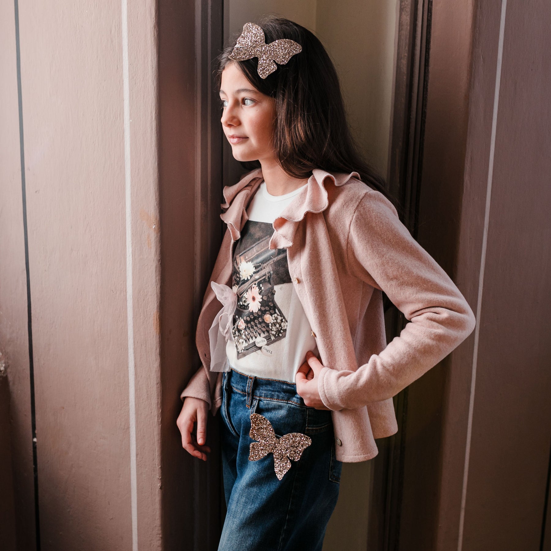 PINK CARDIGAN WITH RUFFLED COLLAR