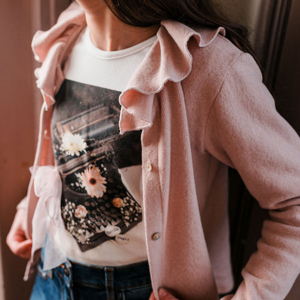 PINK CARDIGAN WITH RUFFLED COLLAR