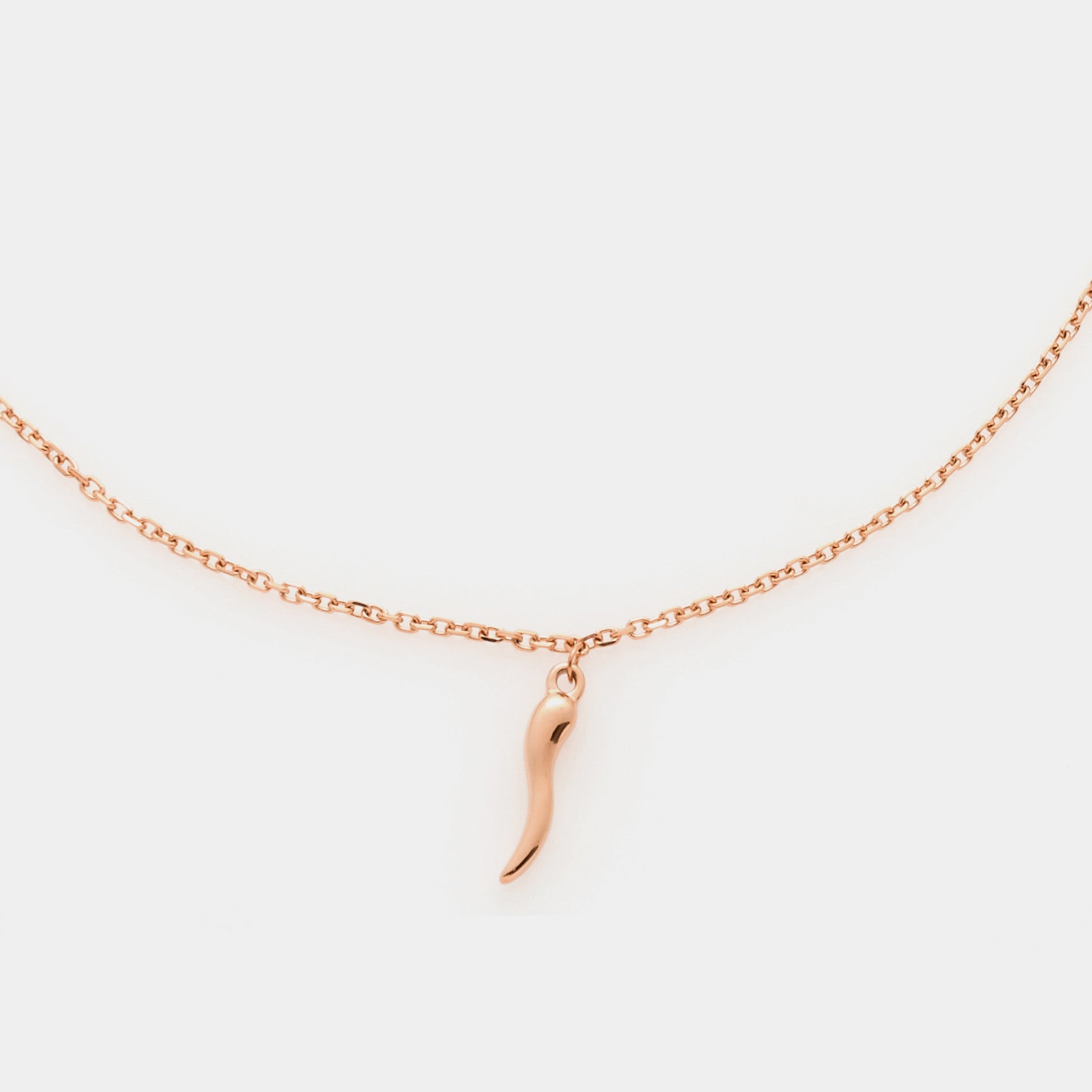 Rose gold steel necklace with fine rolo chain and central rose gold steel horn pendant