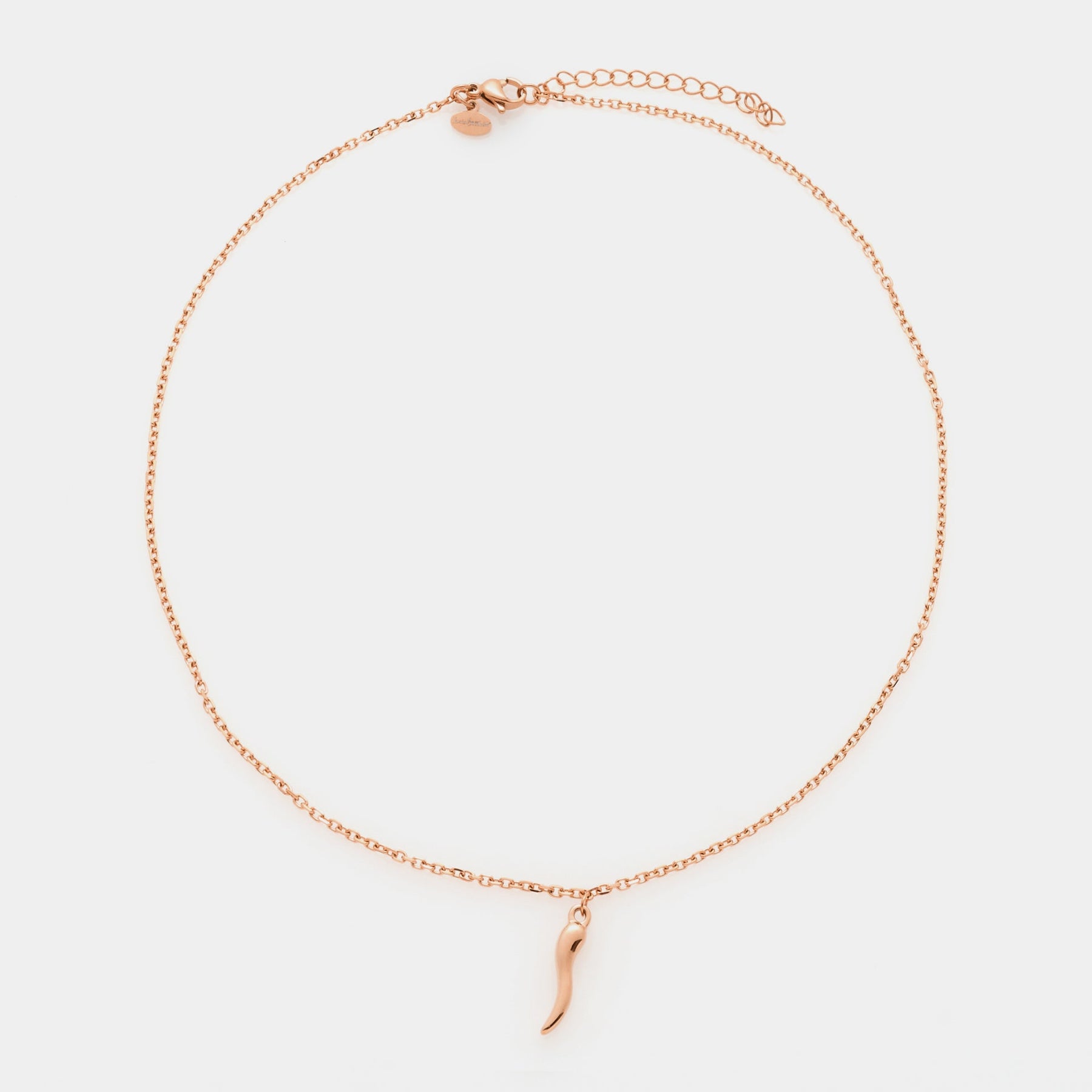 Collana acciaio rosata maglia rolò fina con corno acciaio smaltato rosso centrale pendente