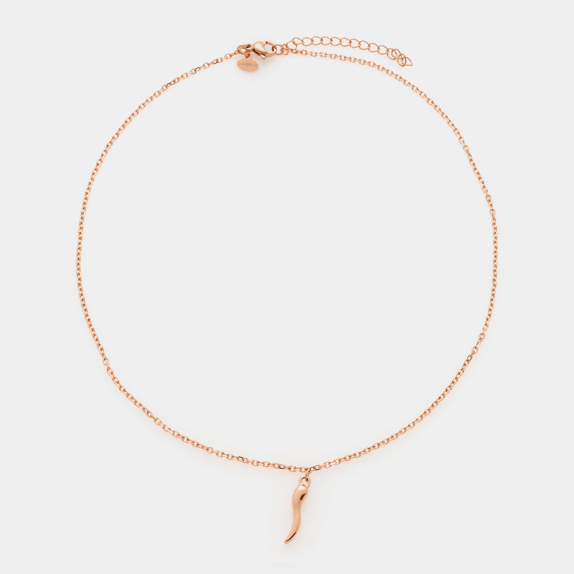Collana acciaio rosata maglia rolò fina con corno acciaio smaltato rosso centrale pendente