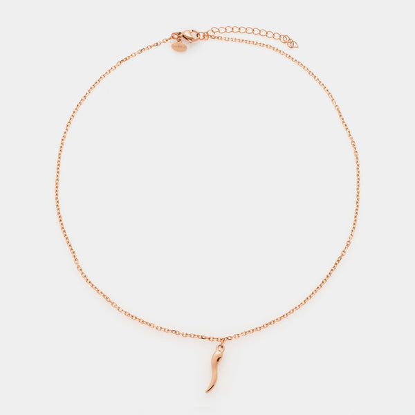 Rose gold plated steel necklace with fine rolo chain and central red enamel steel horn pendant