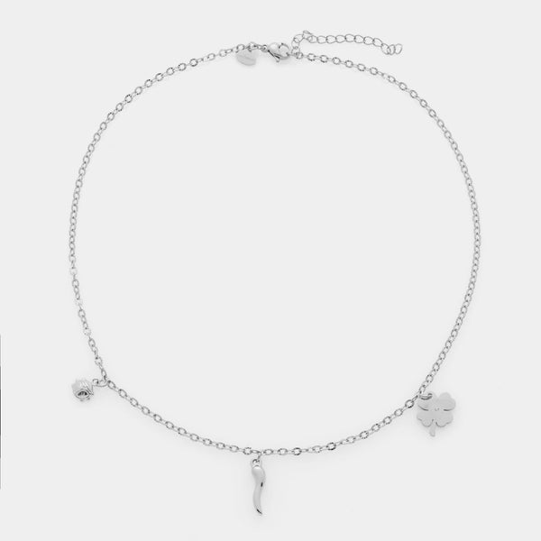 Fine steel necklace with three pendants: clover, horn, and ladybug