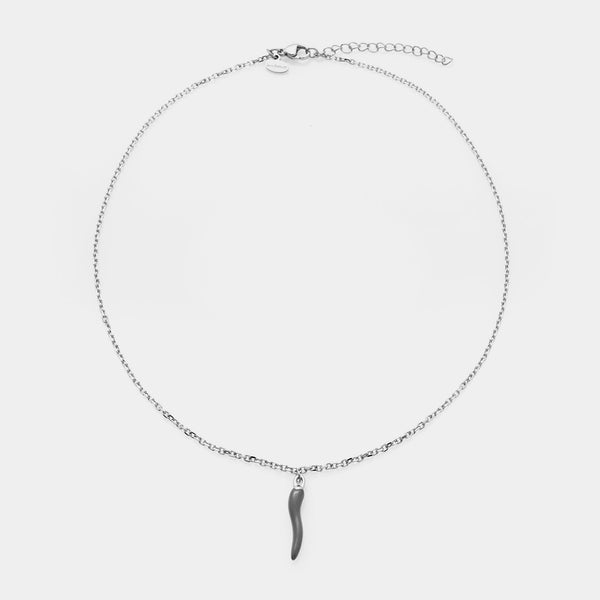 Fine steel rolo chain necklace with central steel horn pendant