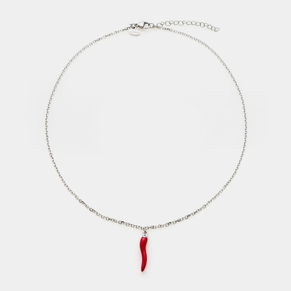 Fine steel rolo chain necklace with central red enameled steel horn pendant