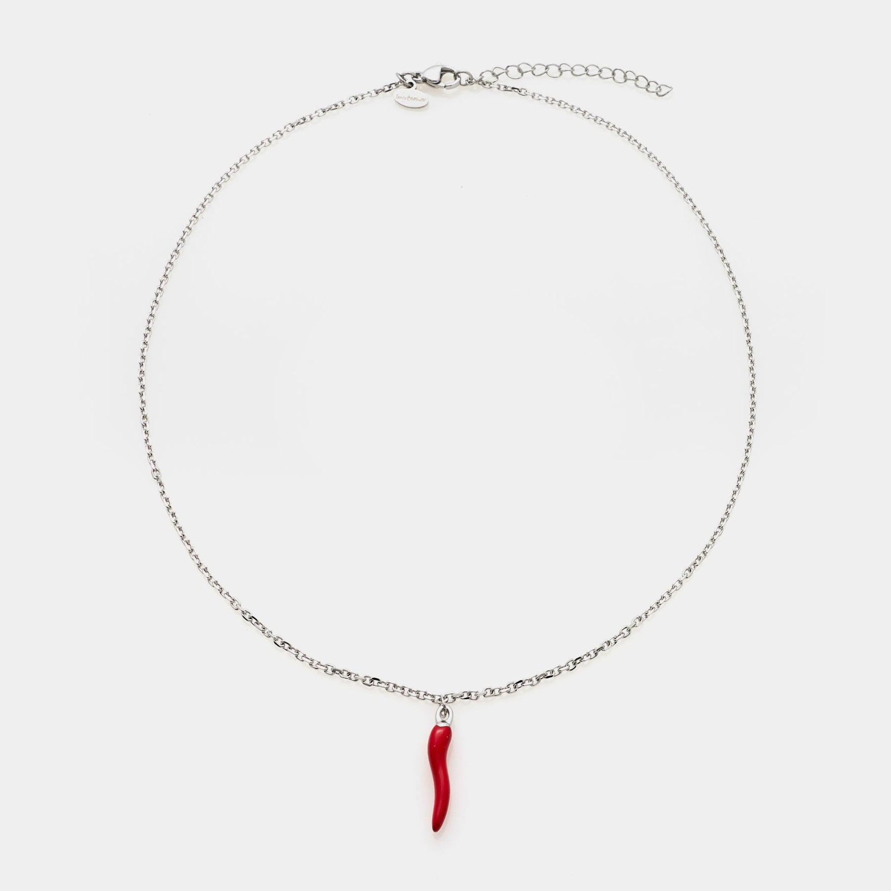 Fine steel rolo chain necklace with central red enameled steel horn pendant