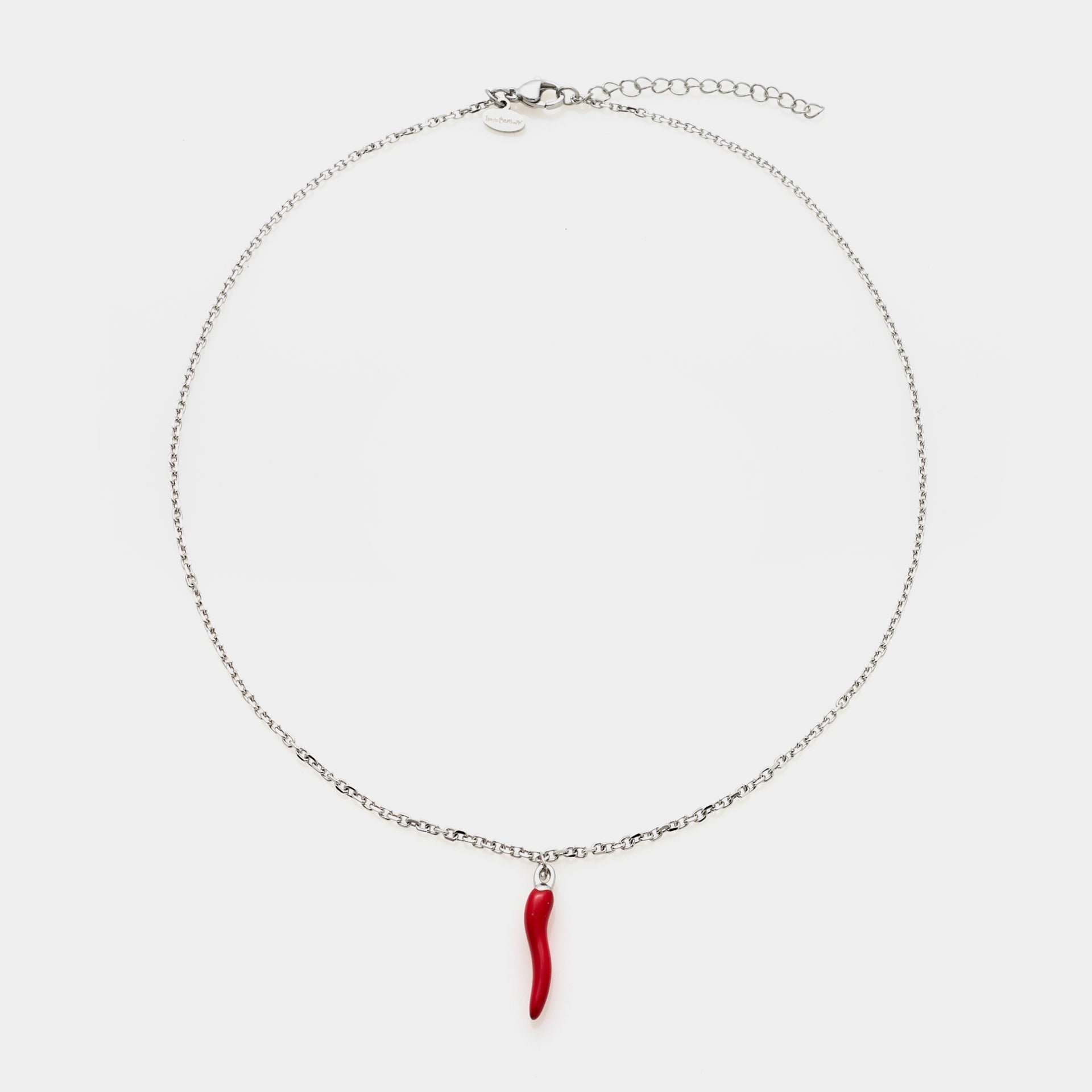 Fine steel rolo chain necklace with central red enameled steel horn pendant