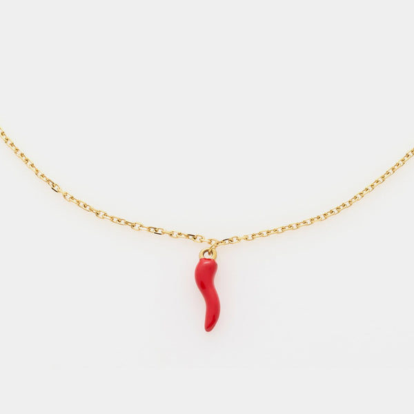 Collana acciaio dorata maglia rolò fina con corno acciaio smaltato rosso centrale pendente