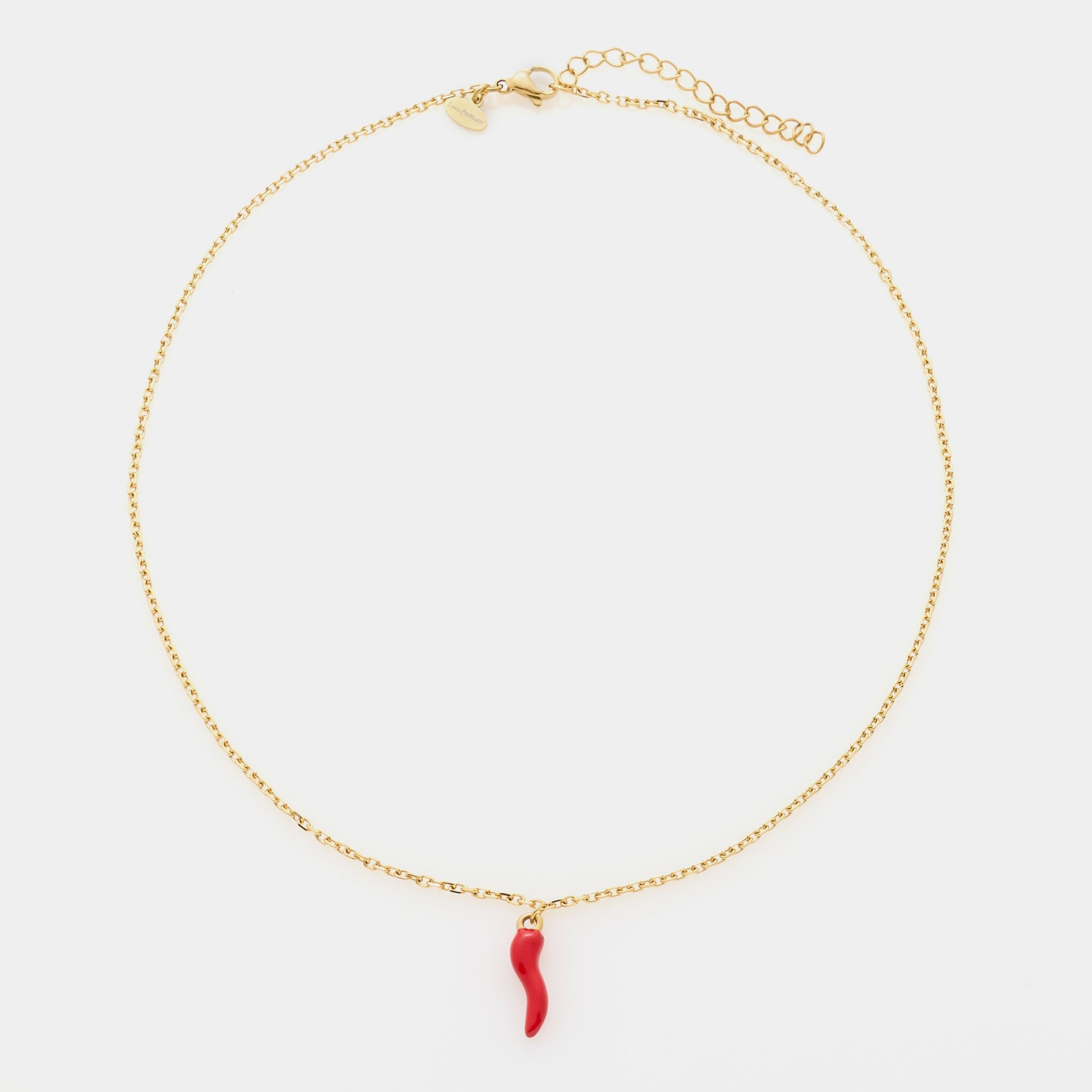 Collana acciaio dorata maglia rolò fina con corno acciaio smaltato rosso centrale pendente