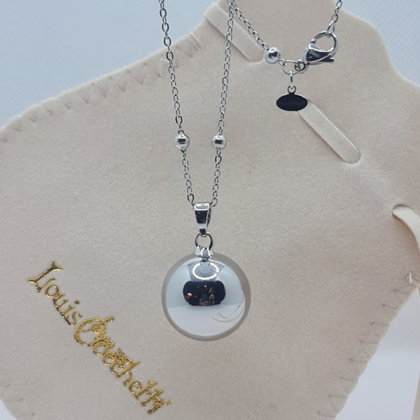 Angel caller necklace in steel 100 cm with mirror polished sphere with rattle 2 cm