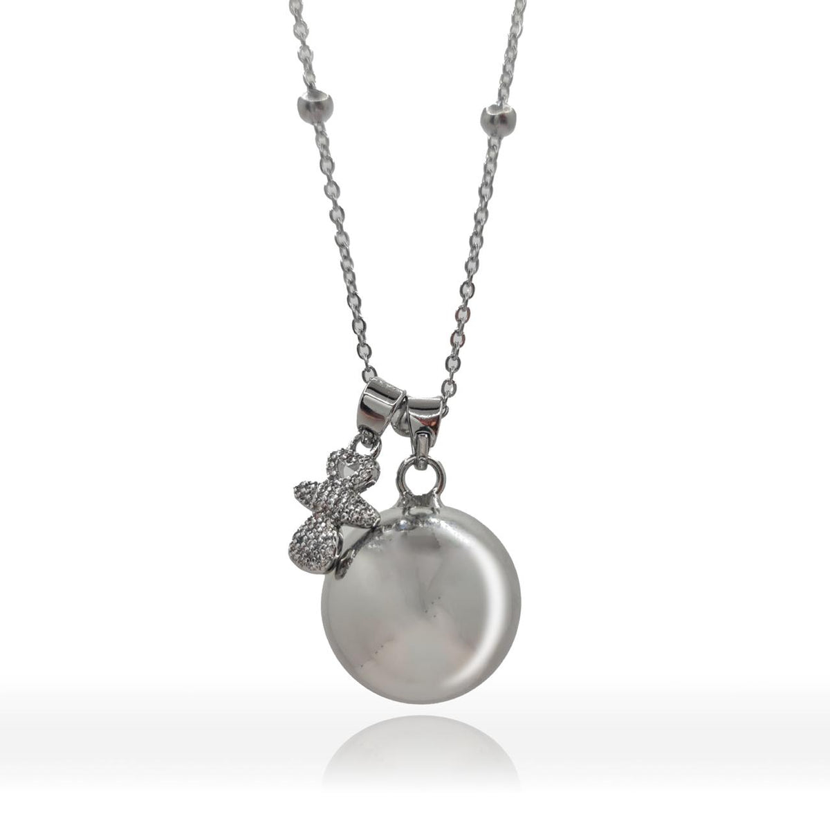 Angel caller necklace in steel 100 cm with mirror polished sphere with rattle 2.5 cm and pacifier