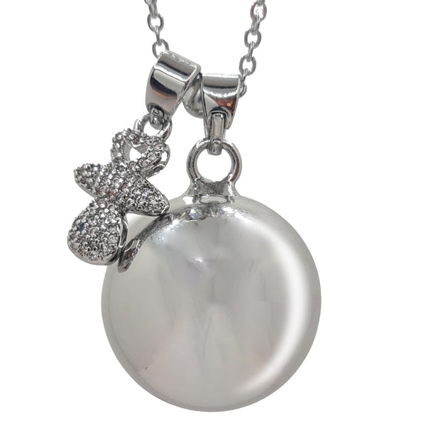 Angel caller necklace in steel 100 cm with mirror polished sphere with rattle 2.5 cm and pacifier