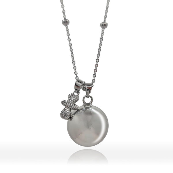 Angel caller necklace in steel 100 cm with mirror polished sphere with rattle 2.5 cm and pacifier