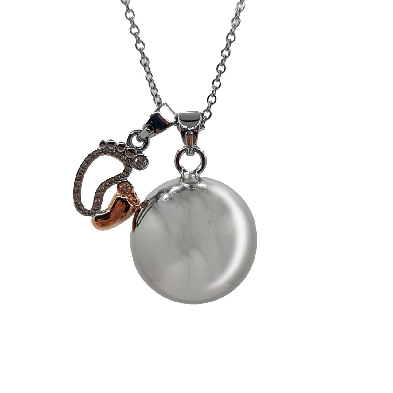 Angel caller necklace in steel 100 cm with mirror polished bell sphere 2.5 cm and baby feet