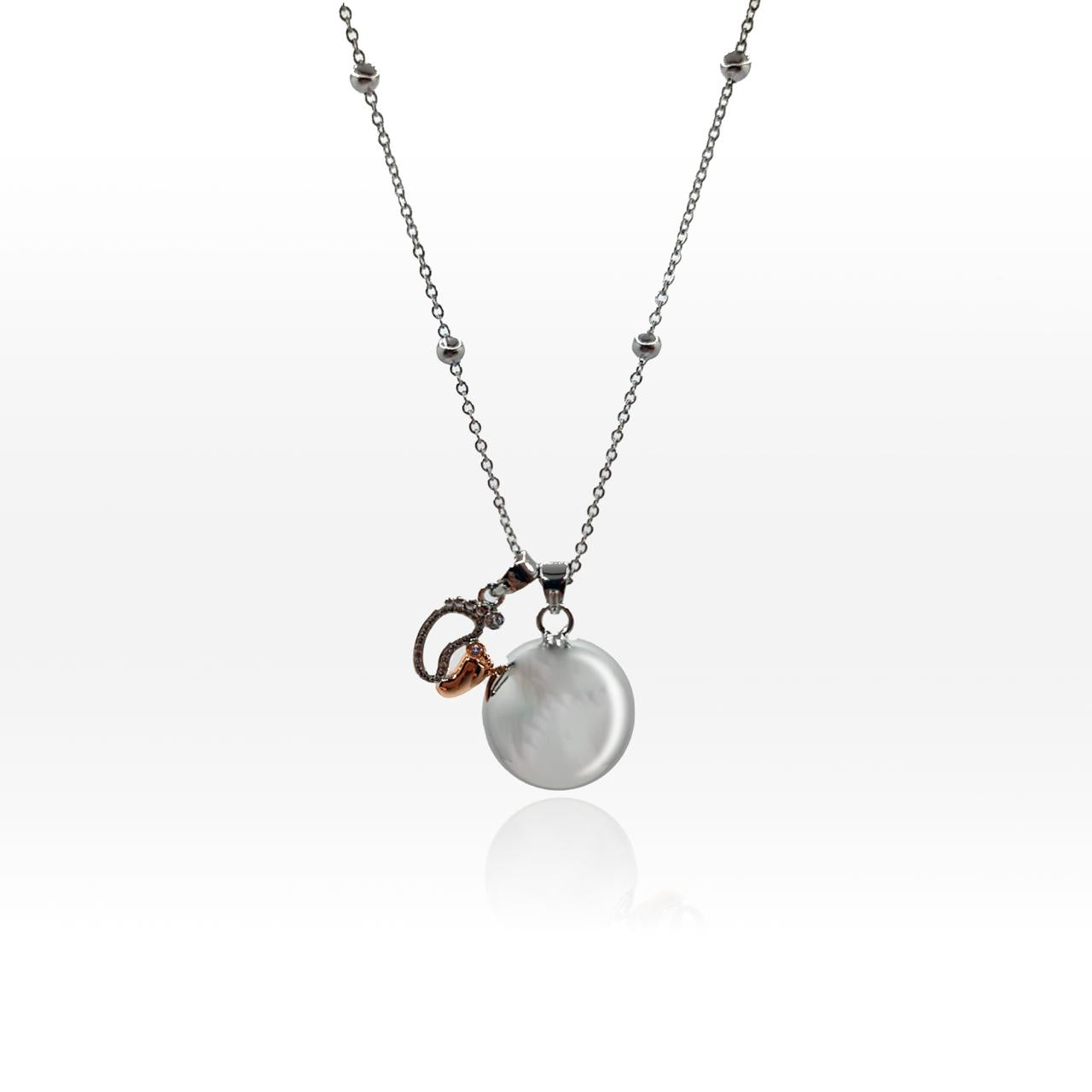 Angel caller necklace in steel 100 cm with mirror polished bell sphere 2.5 cm and baby feet