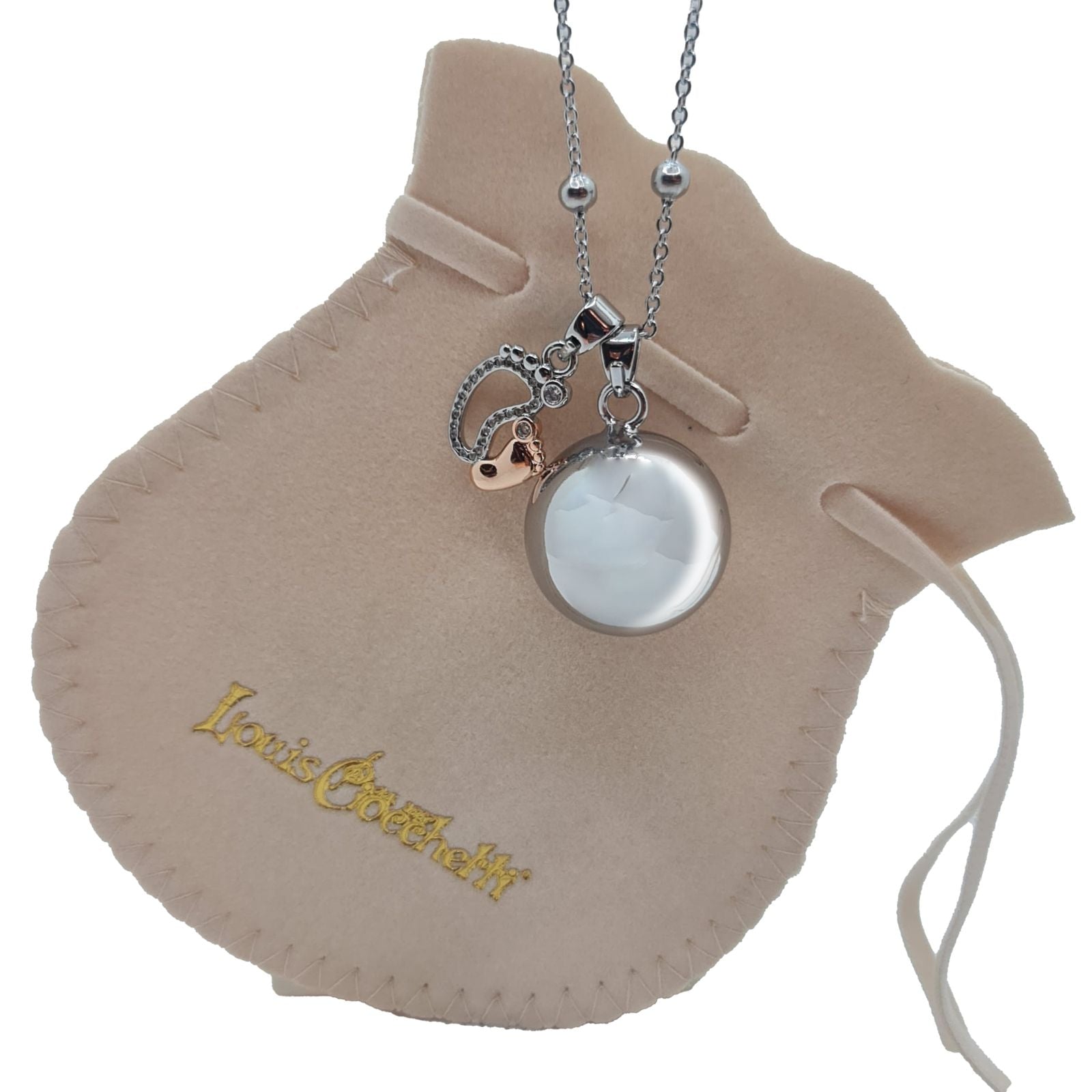 Angel caller necklace in steel 100 cm with mirror polished bell sphere 2.5 cm and baby feet