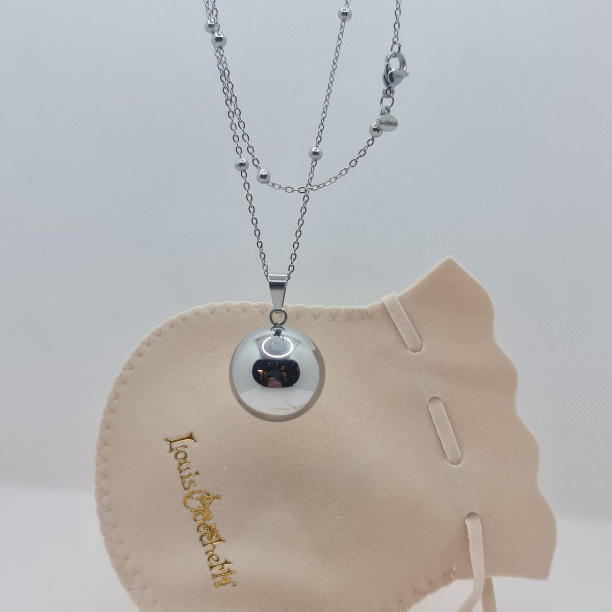Collar de llamador de ángel en acero de 90 cm con esfera de campana pulida espejo de 2.5 cm