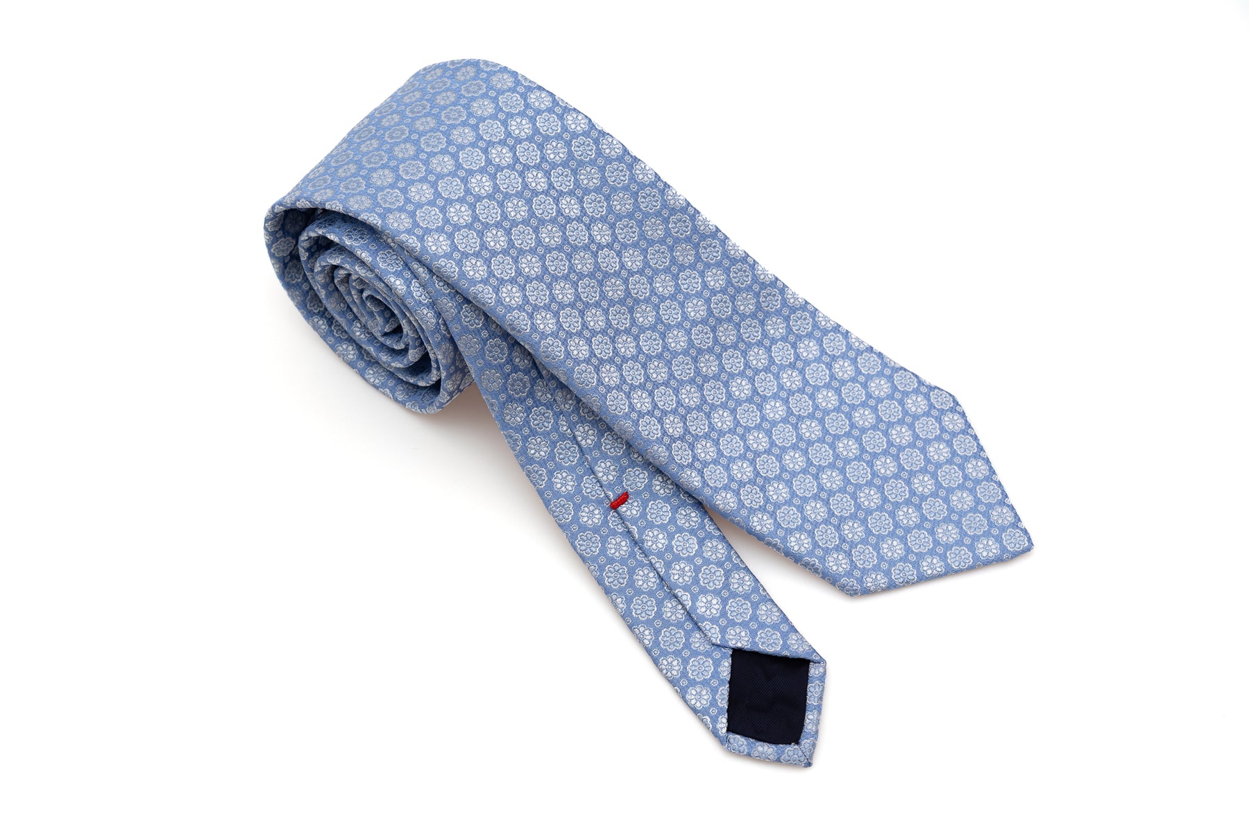Light blue tie with embroidered flowers pure silk