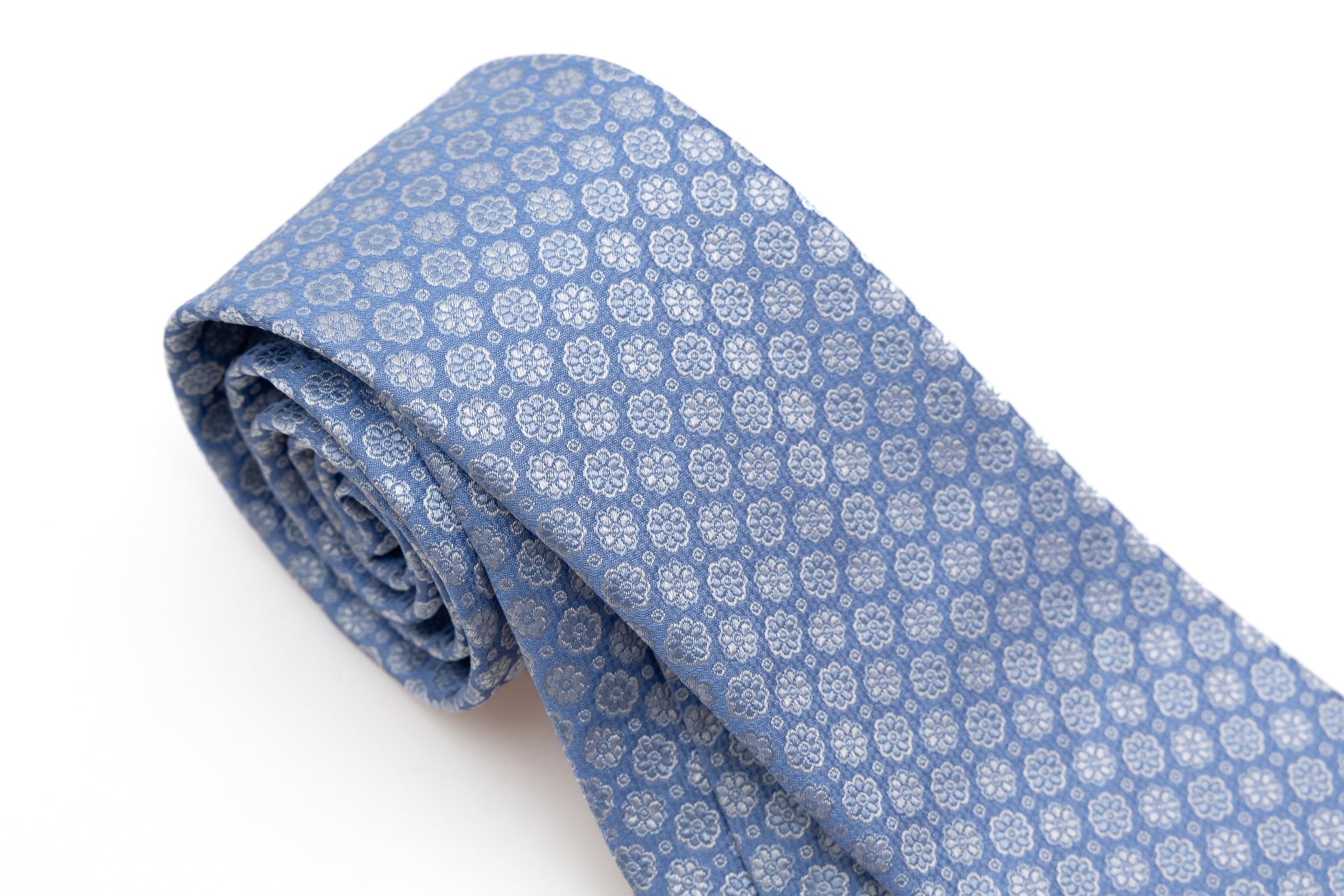 Light blue tie with embroidered flowers pure silk