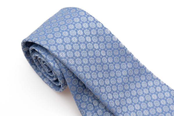 Light blue tie with embroidered flowers pure silk