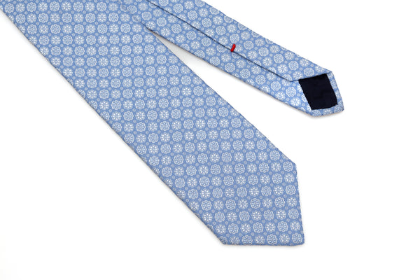 Light blue tie with embroidered flowers pure silk