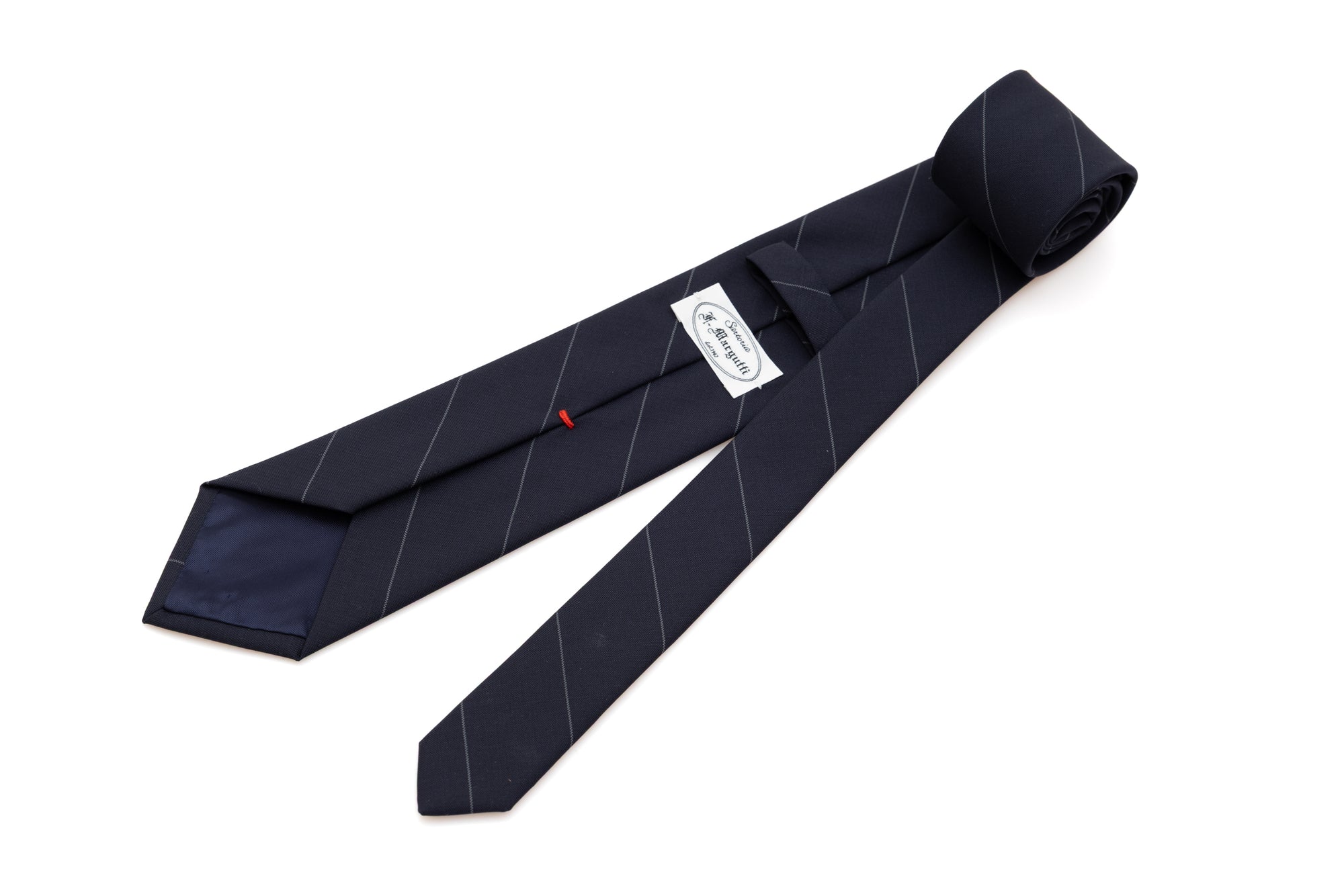 Temno modra kravata z tankimi črtami iz čiste volne