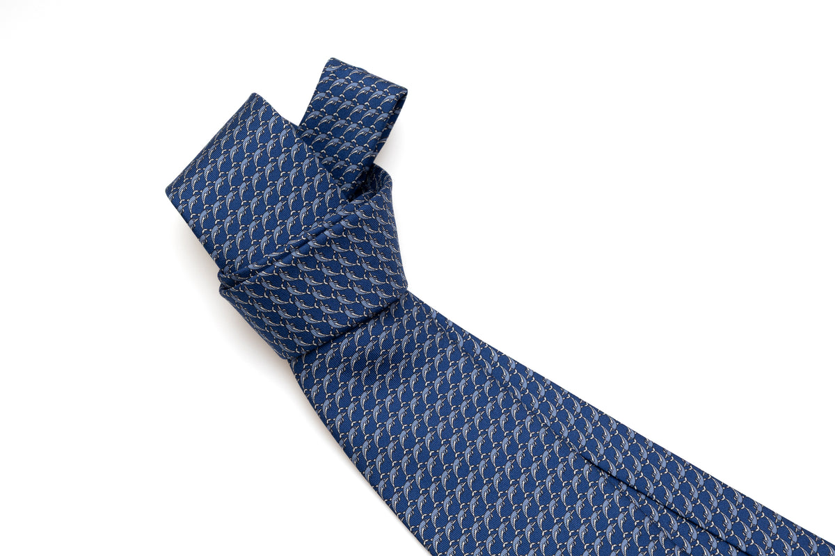 Blue tie with dolphins pure silk