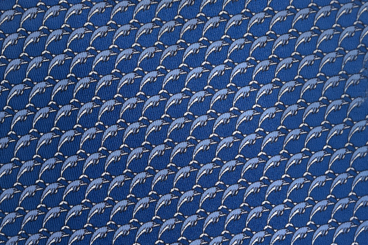 Blue tie with dolphins pure silk