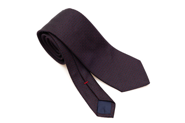 Embroidered blue and red tie in pure silk