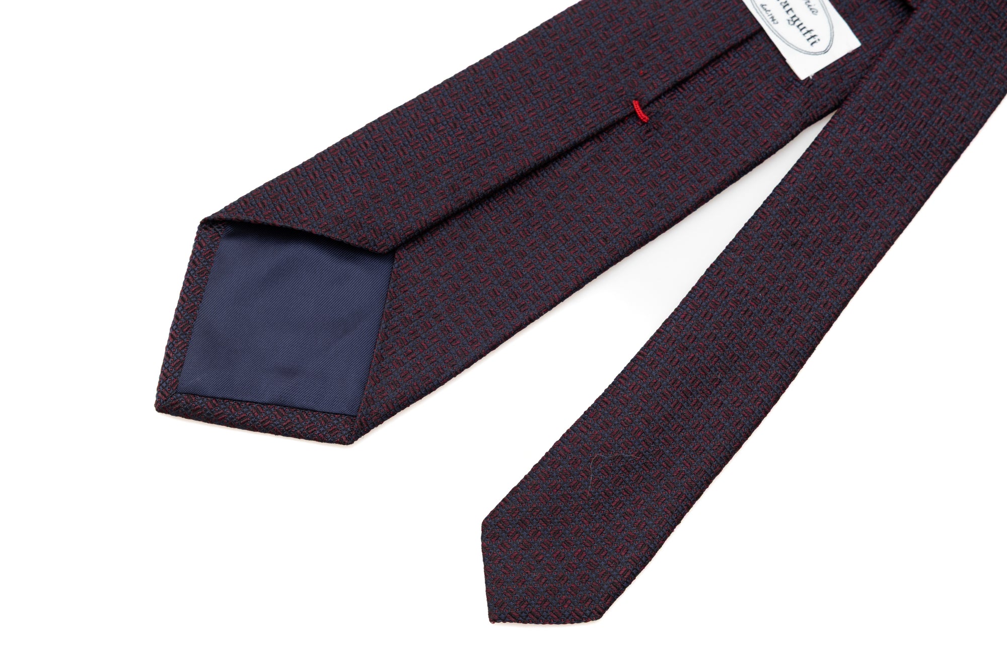 Embroidered blue and red tie in pure silk