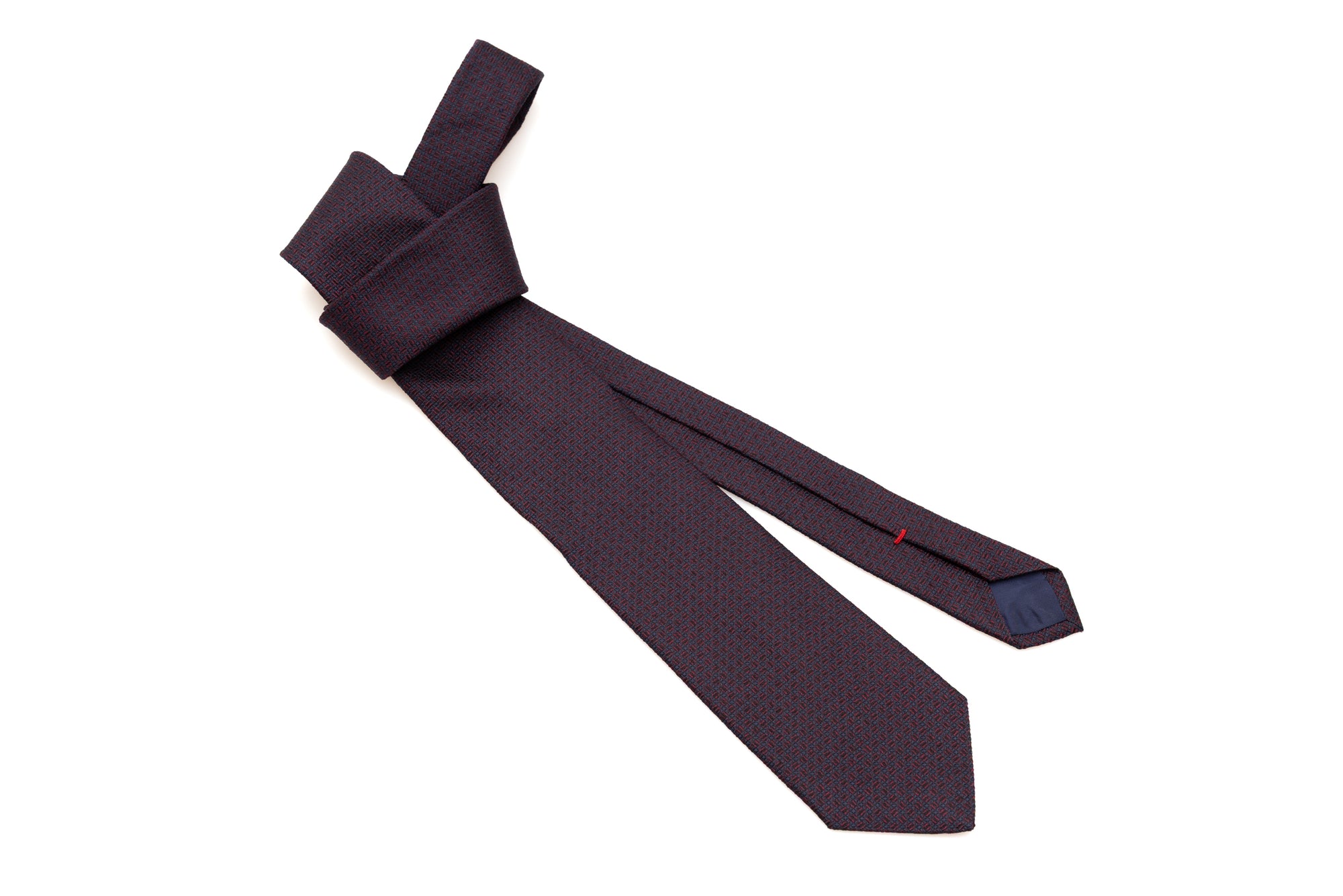 Embroidered blue and red tie in pure silk