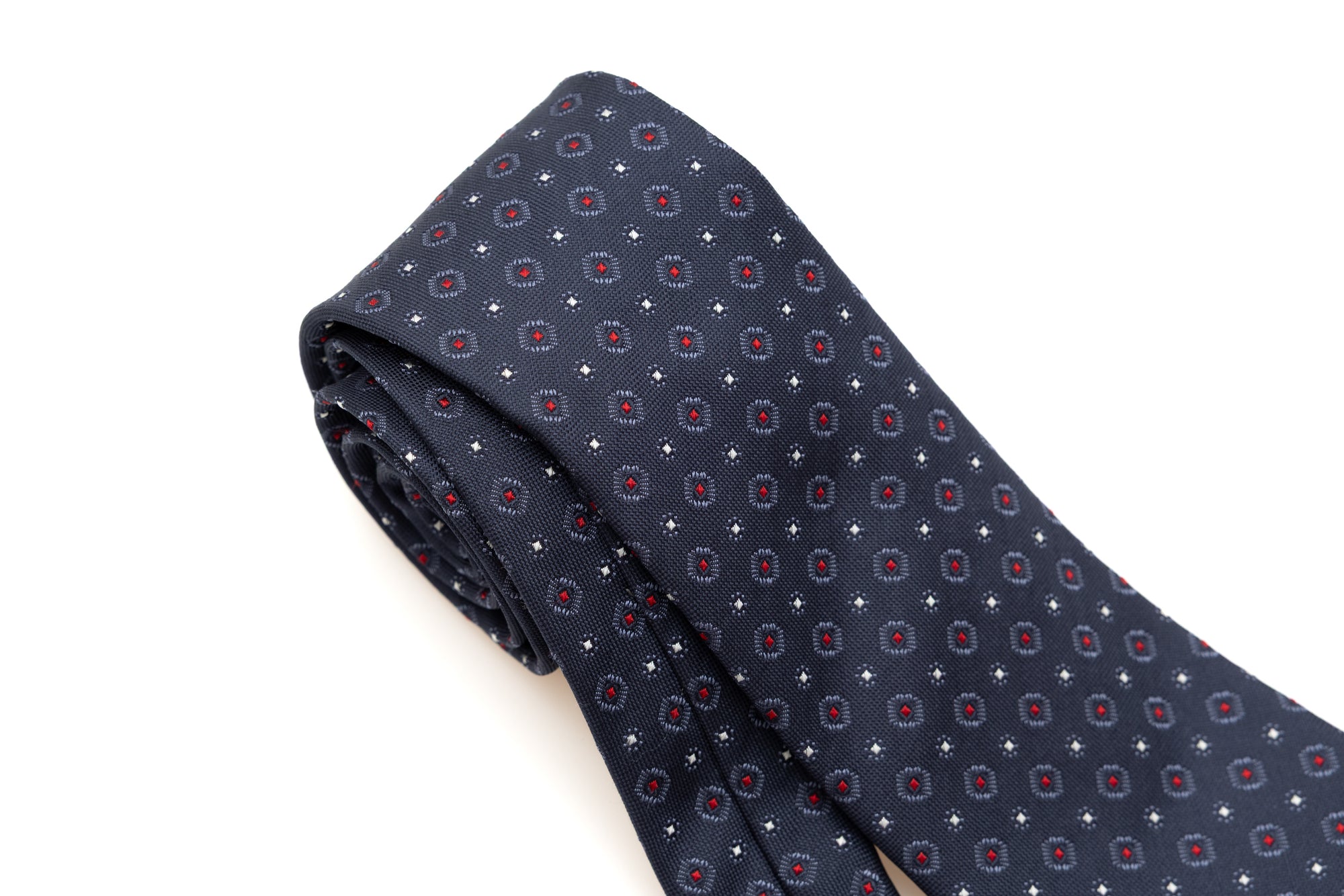 Blauwe stropdas met rood patroon in pure zijde