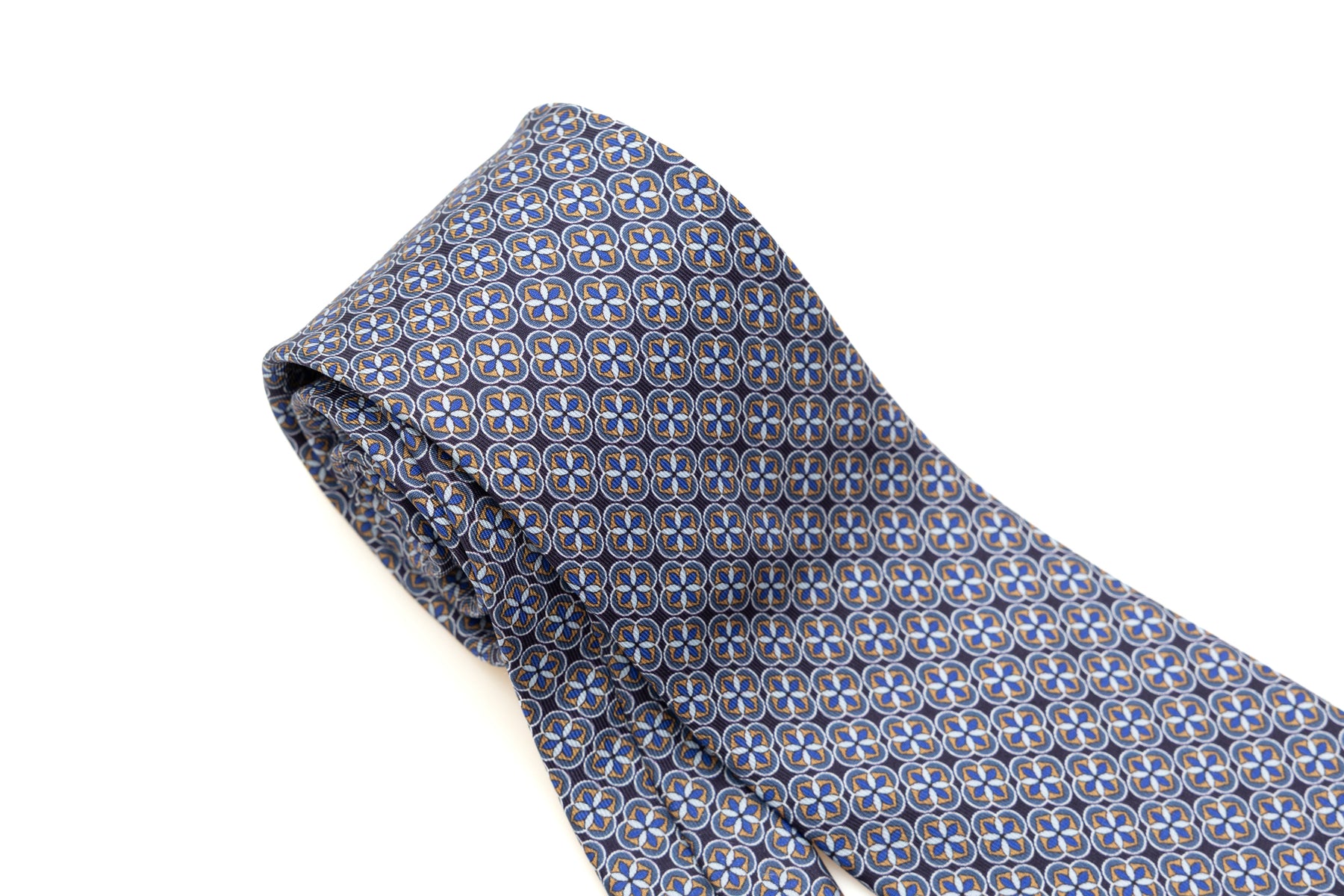 Light geometric patterned blue tie in pure silk