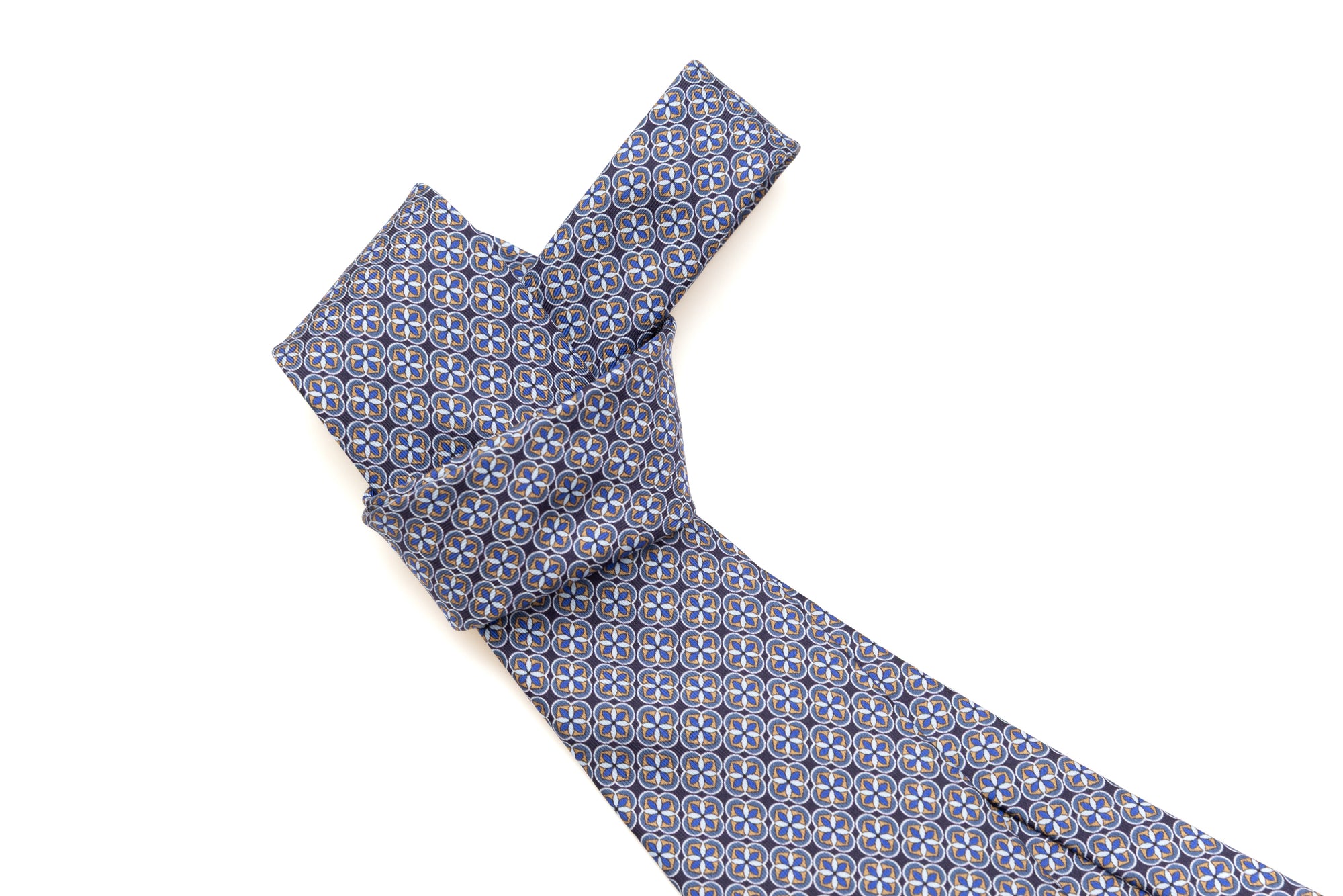 Light geometric patterned blue tie in pure silk