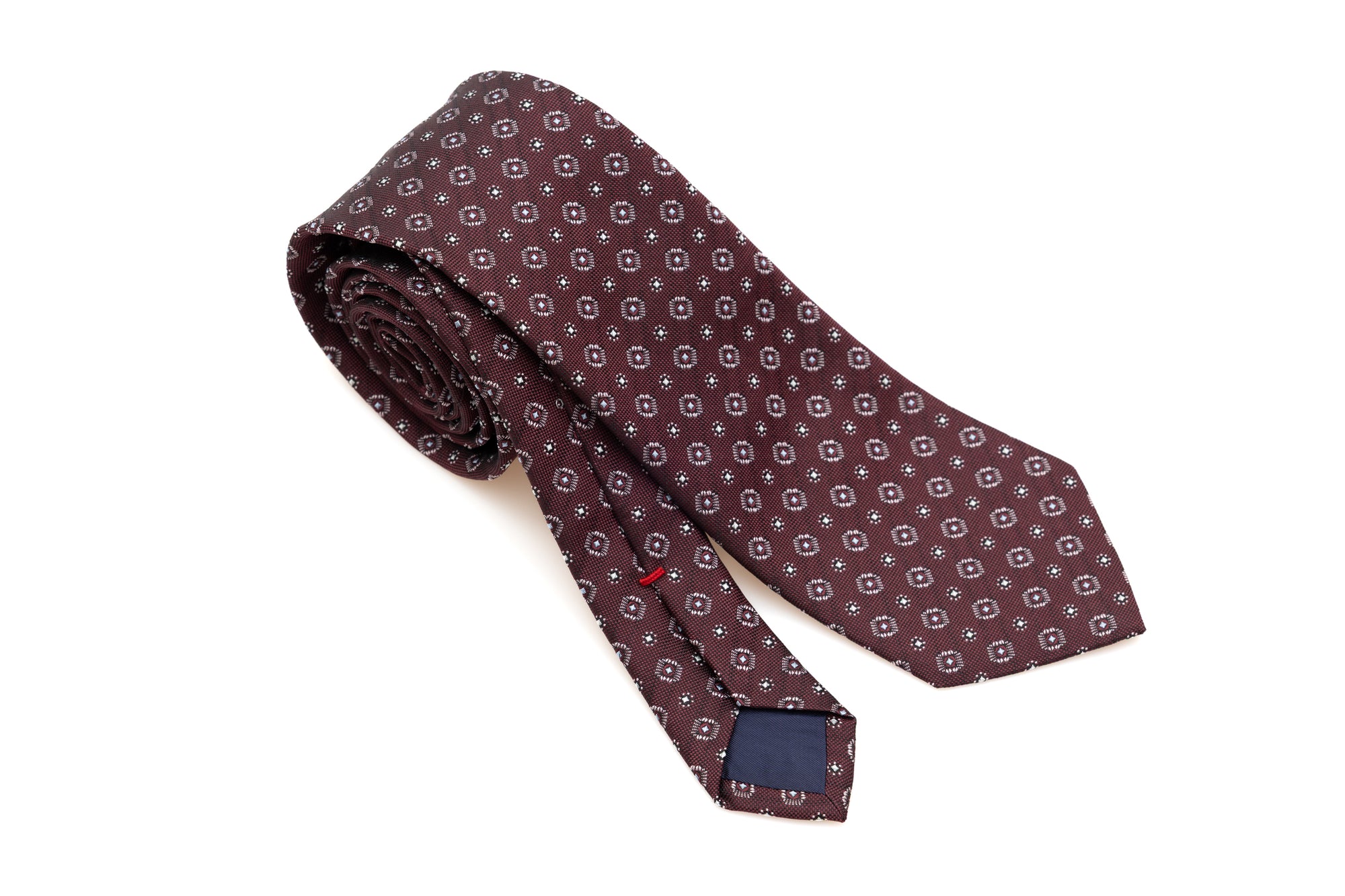 Burgundy tie in geometric pattern pure silk