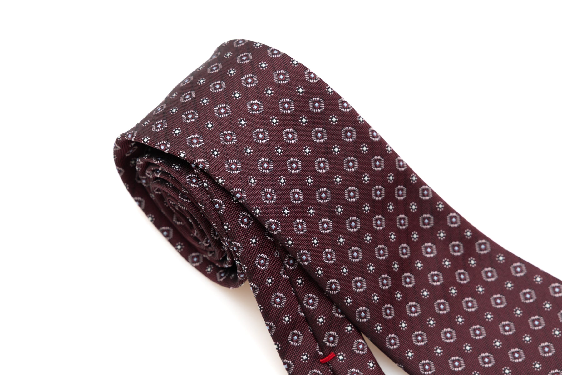 Burgundy tie in geometric pattern pure silk