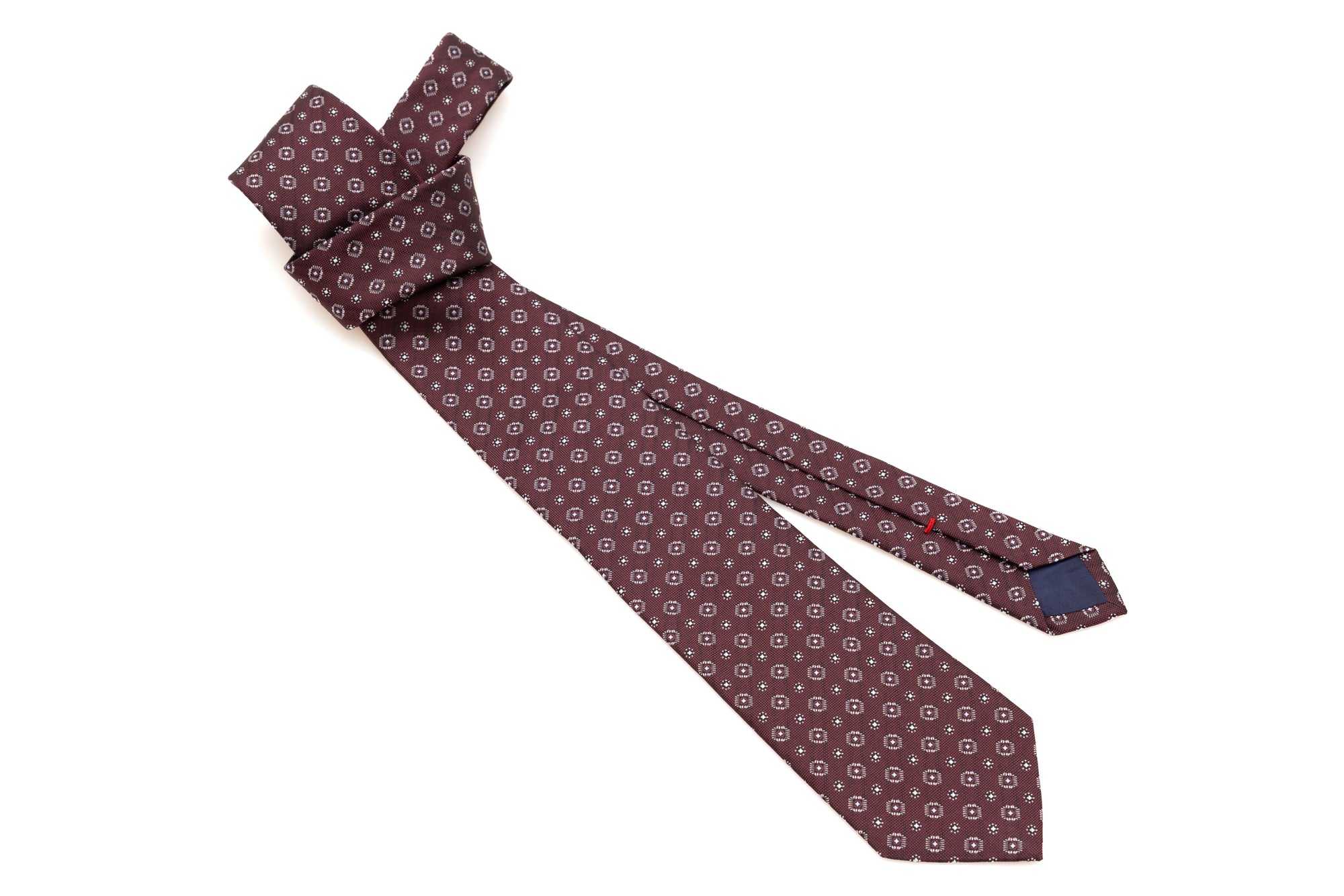Burgundy tie in geometric pattern pure silk