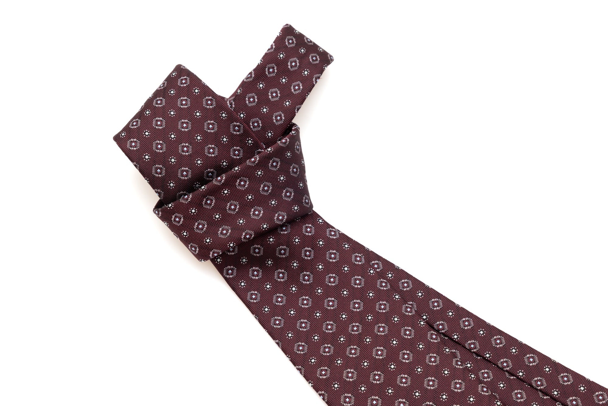 Burgundy tie in geometric pattern pure silk