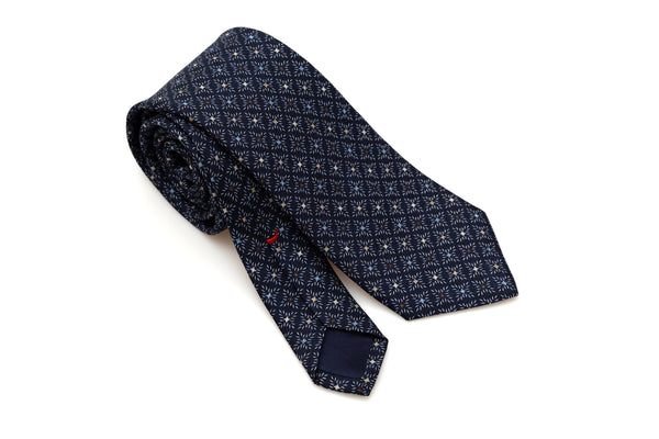Blue tie with colorful geometric pattern pure silk