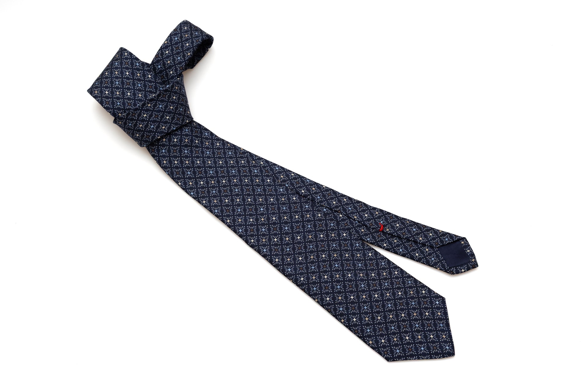 Blue tie with colorful geometric pattern pure silk