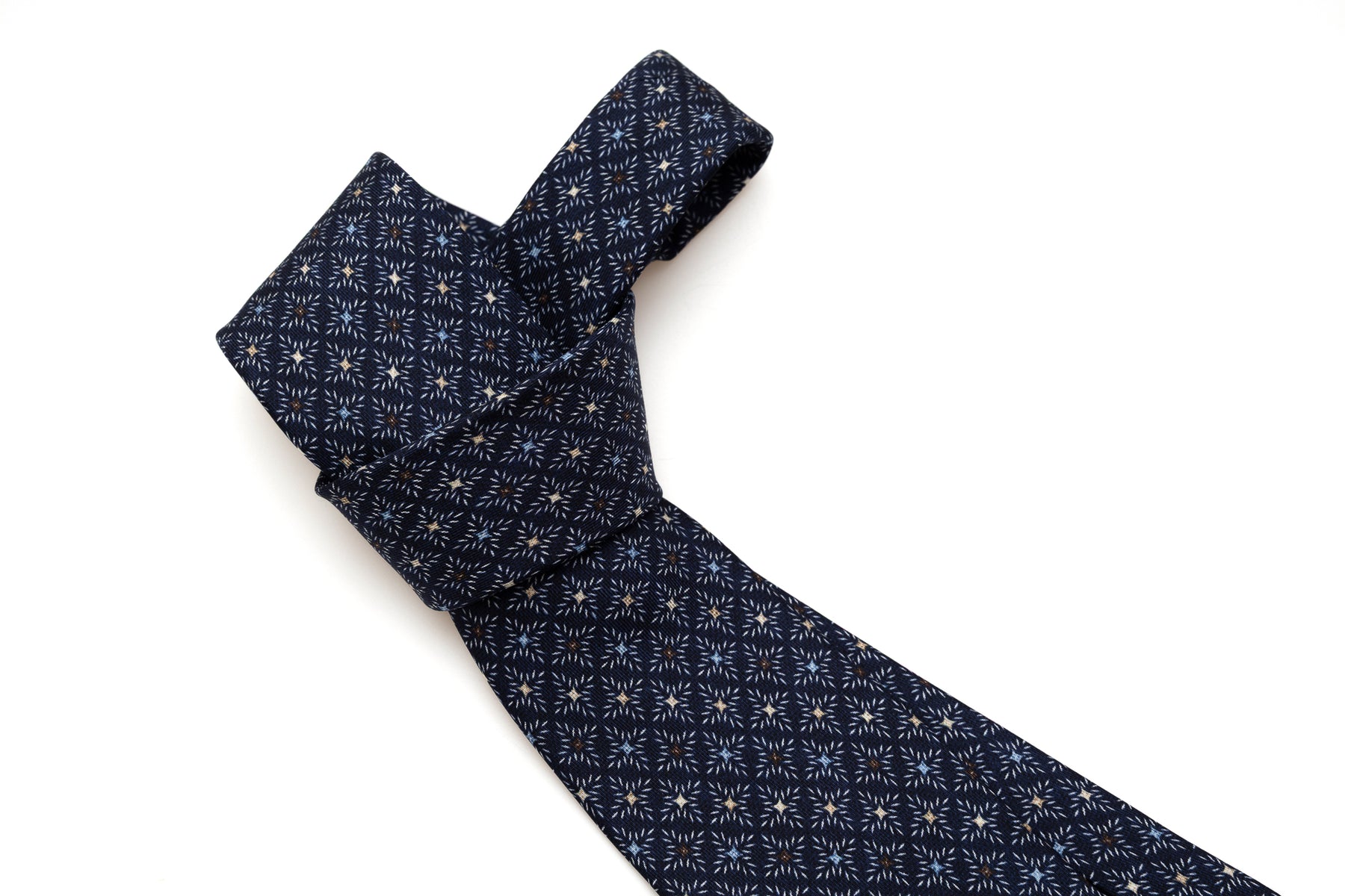 Blue tie with colorful geometric pattern pure silk