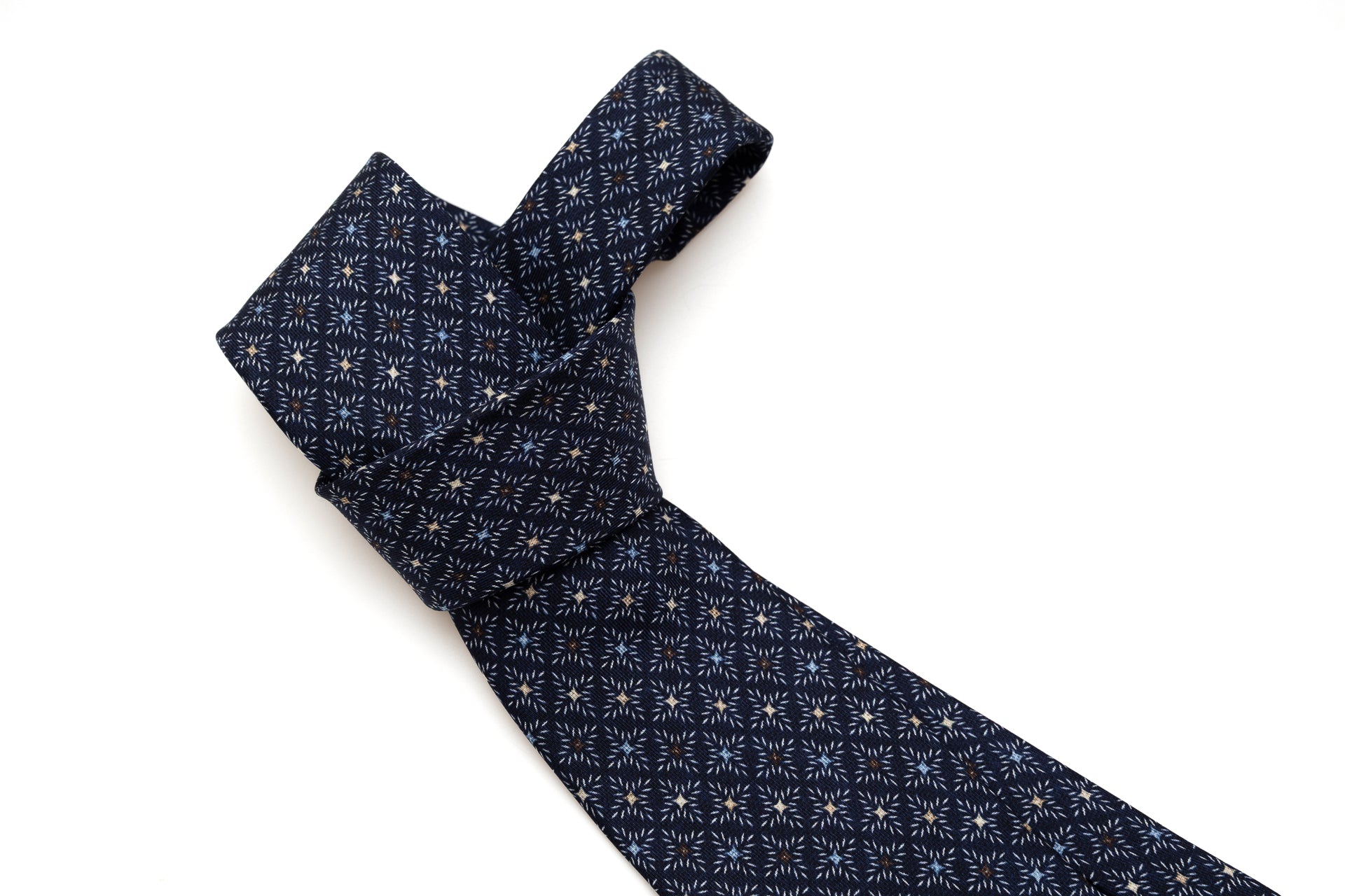 Blue tie with colorful geometric pattern pure silk