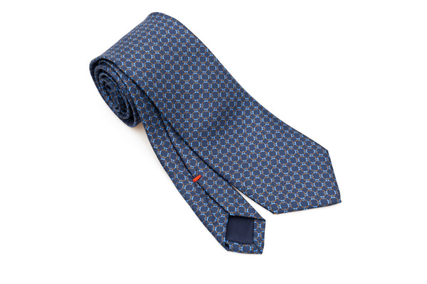 Cravatta blu con microfantasia intrecciata pura seta