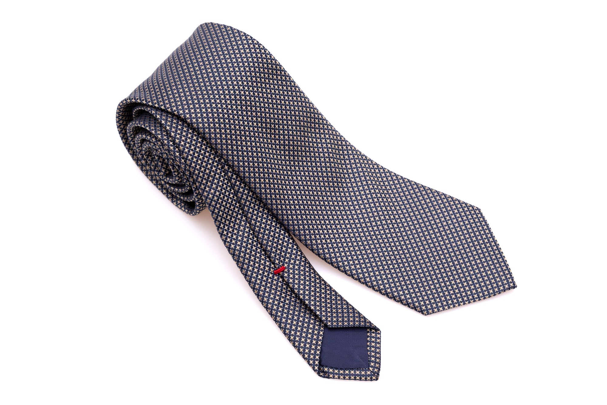 Blue tie with embroidered yellow polka dots