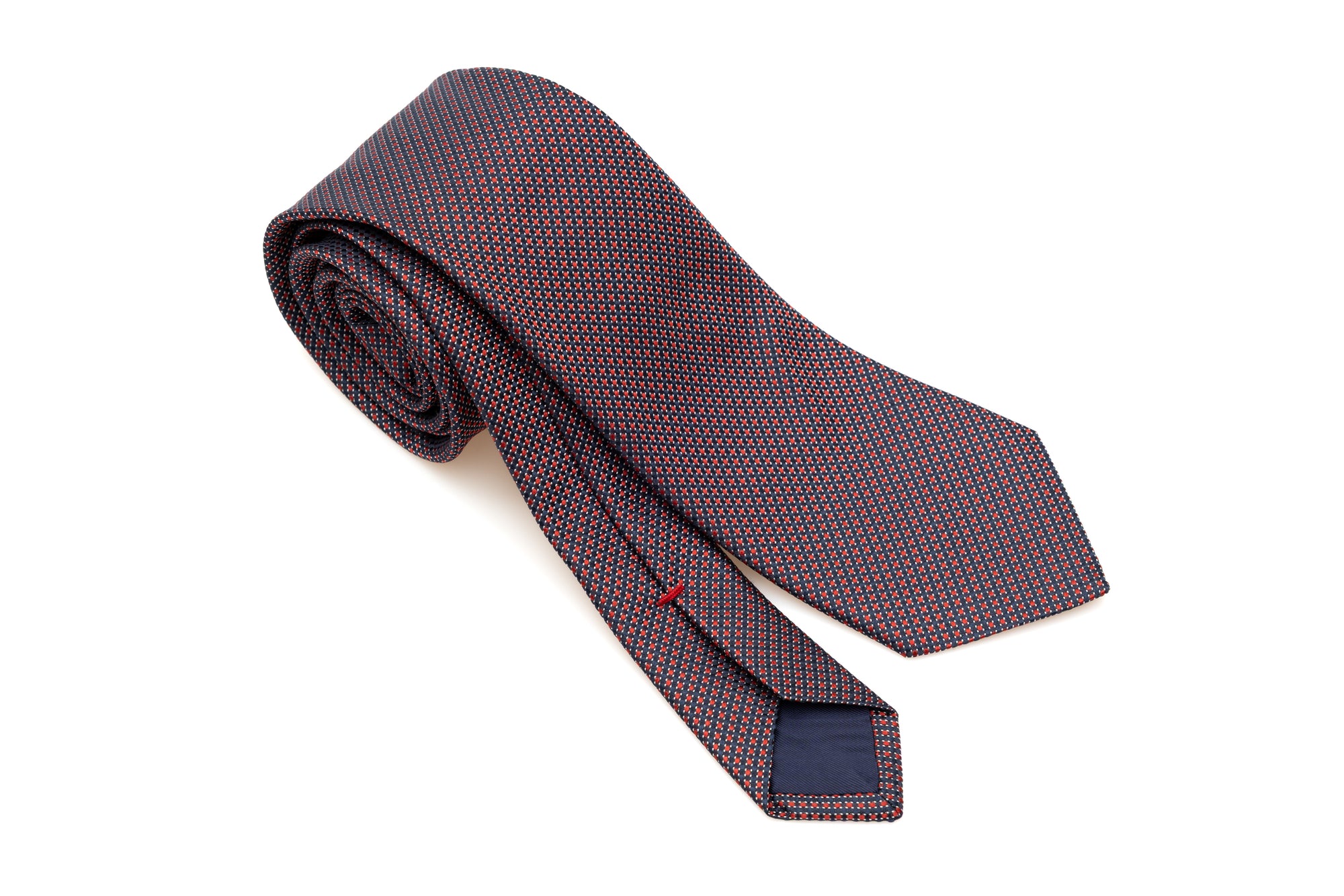 Blue background tie with embroidered red polka dots pure silk