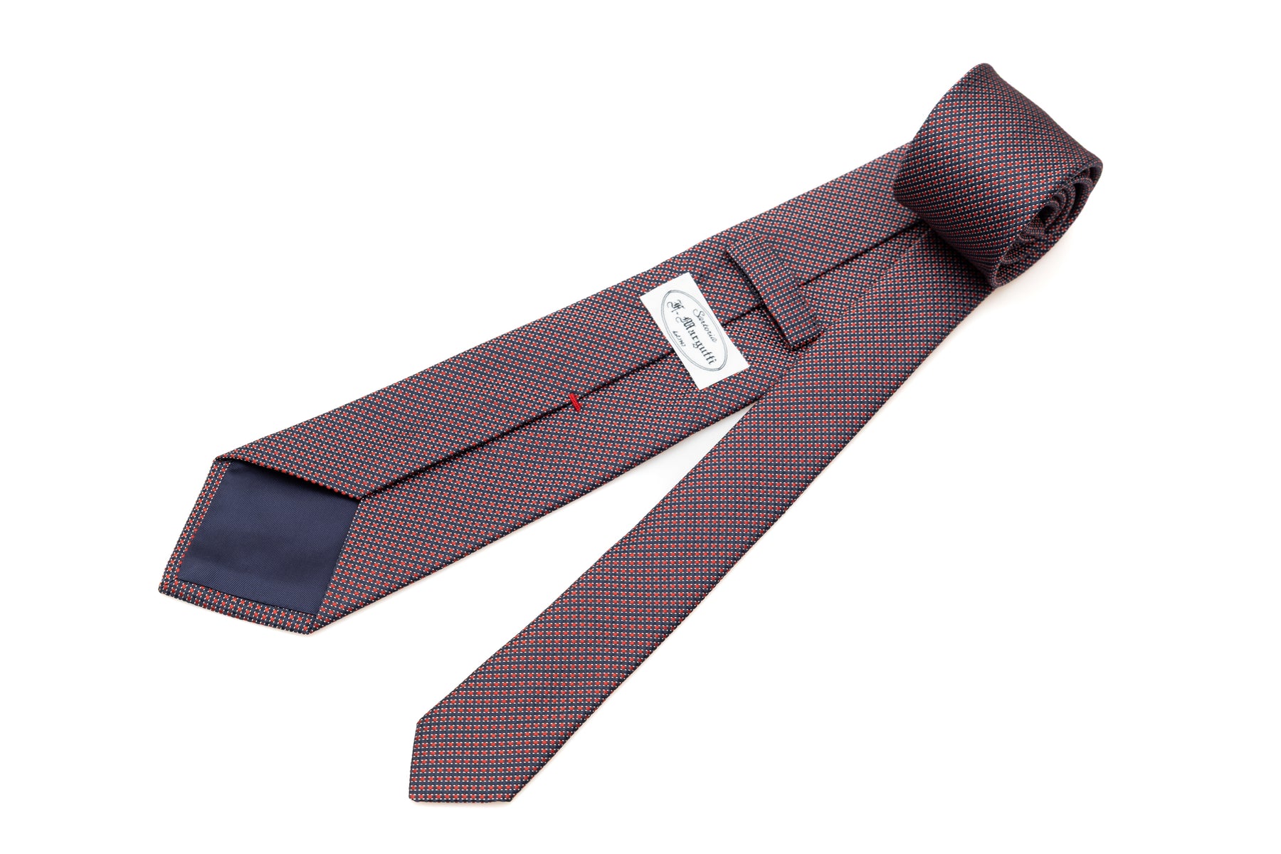 Blue background tie with embroidered red polka dots pure silk