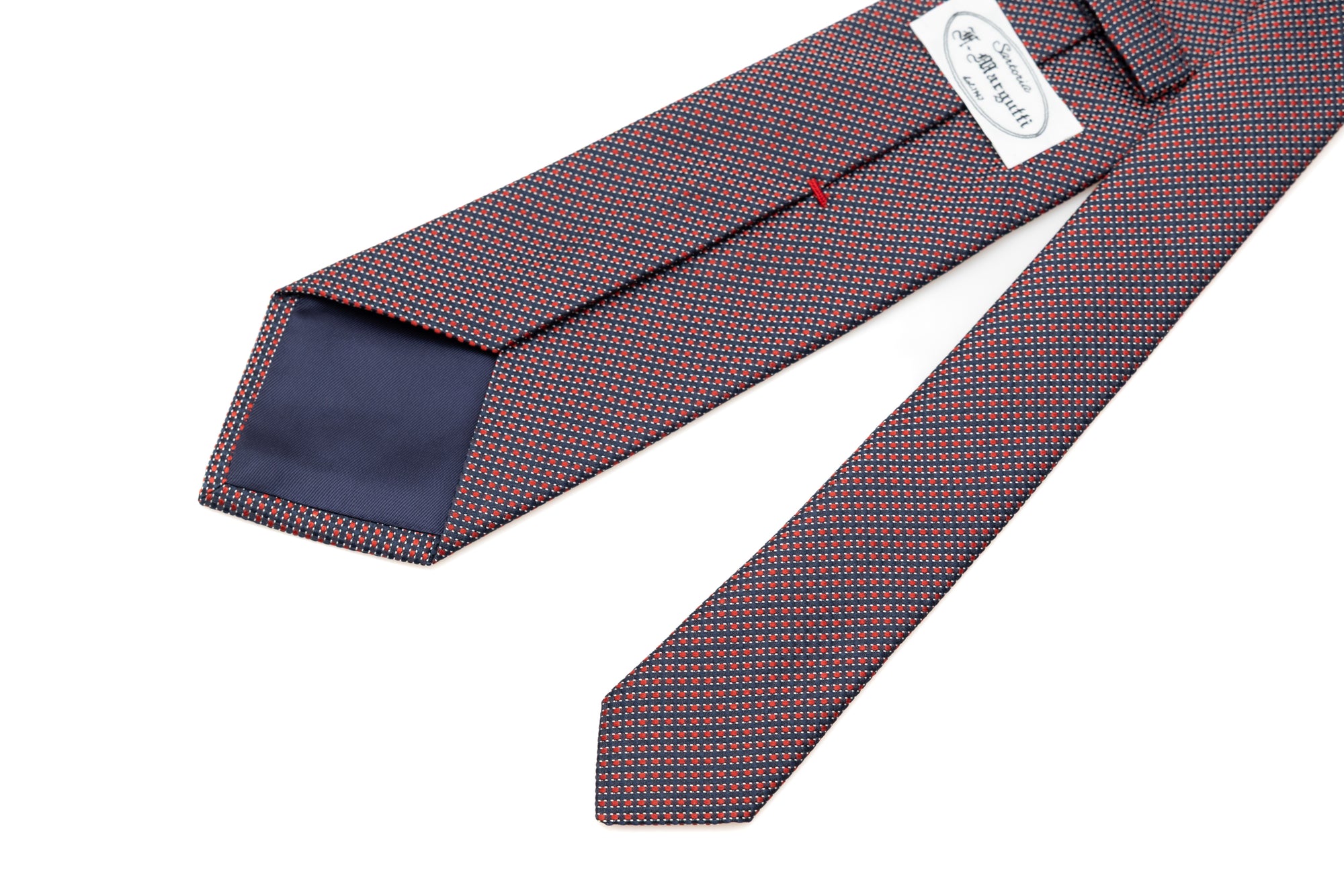 Blue background tie with embroidered red polka dots pure silk